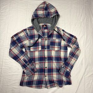 Quicksilver Mens Hooded Flannel Shirt Jacket Sz M Blue Plaid Button Up Pockets